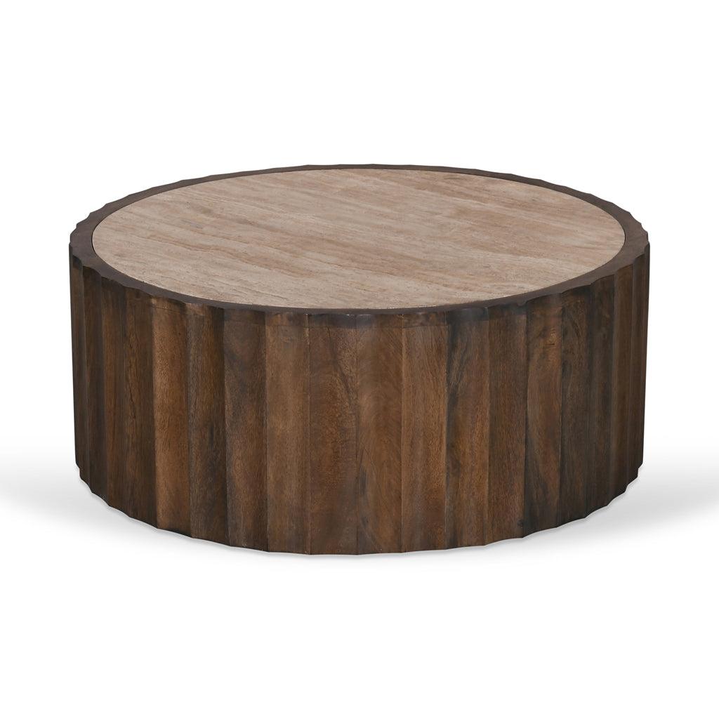 CCF8724-RB 89cm Travertine Top Round Coffee Table - Walnut - Furniture Castle