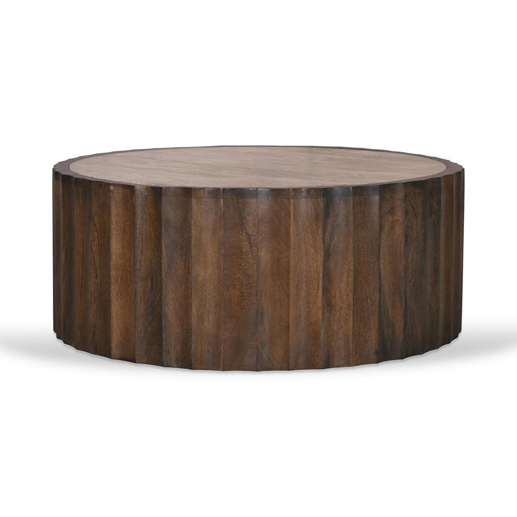 CCF8724-RB 89cm Travertine Top Round Coffee Table - Walnut - Furniture Castle