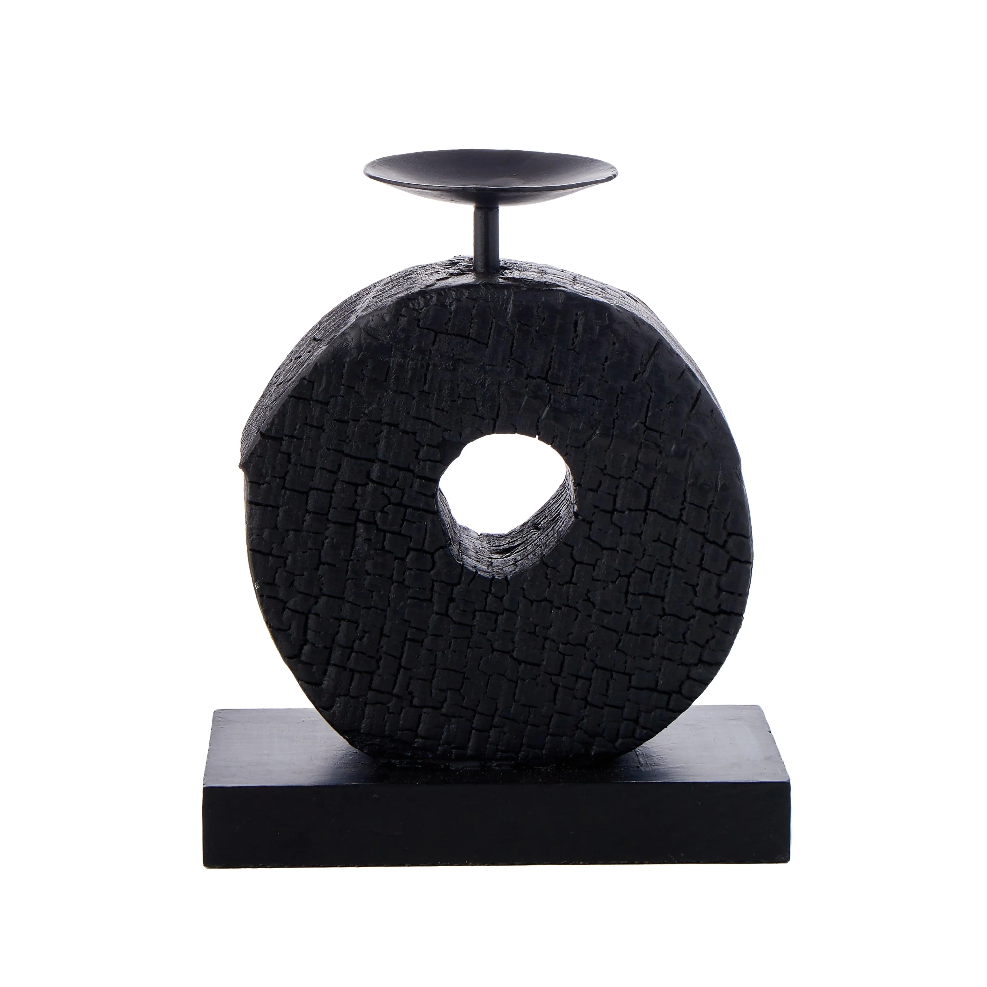 Charred Wood Single Ring Candleholder Black 18x8x20cm - Furniture Castle