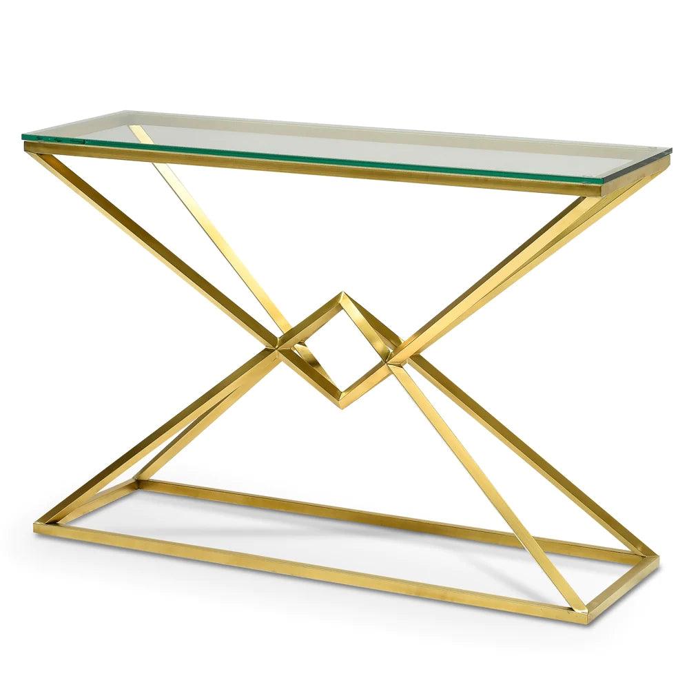 Diamond 1.2m Glass Console Table - Gold Base - Furniture Castle