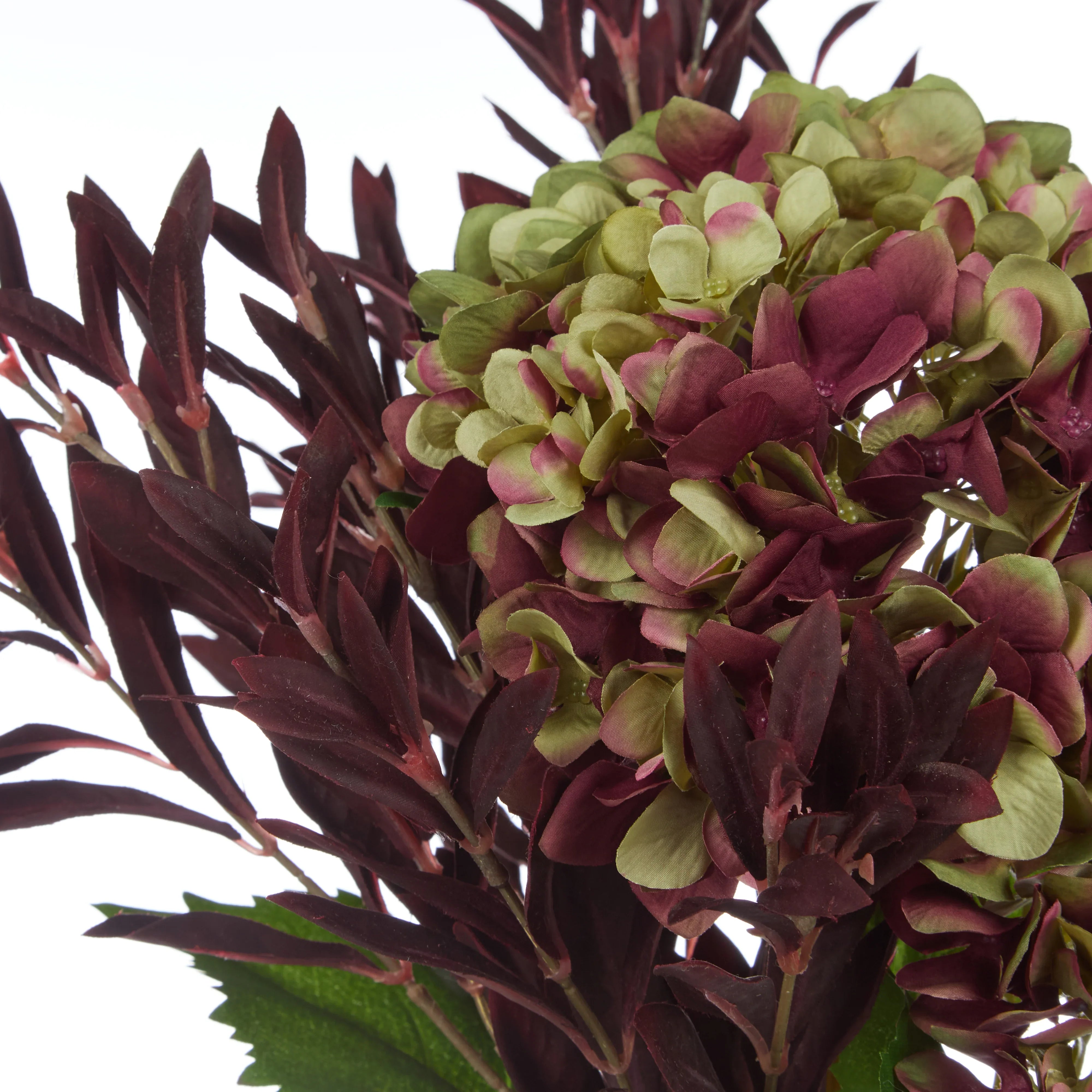 Rogue Hydrangea Olive Leaf Mix Bouquet Burgundy & Green 44x44x70cm