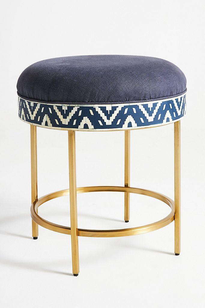 Elijah Inlay Ikat Stool - Blue - Furniture Castle