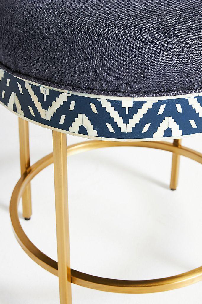 Elijah Inlay Ikat Stool - Blue - Furniture Castle