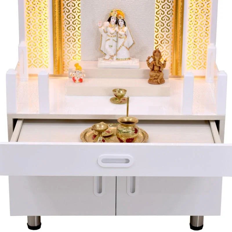 F C Home Temple Pooja Mandir With Decorative LED Lighting And Storage - Furniture Castle