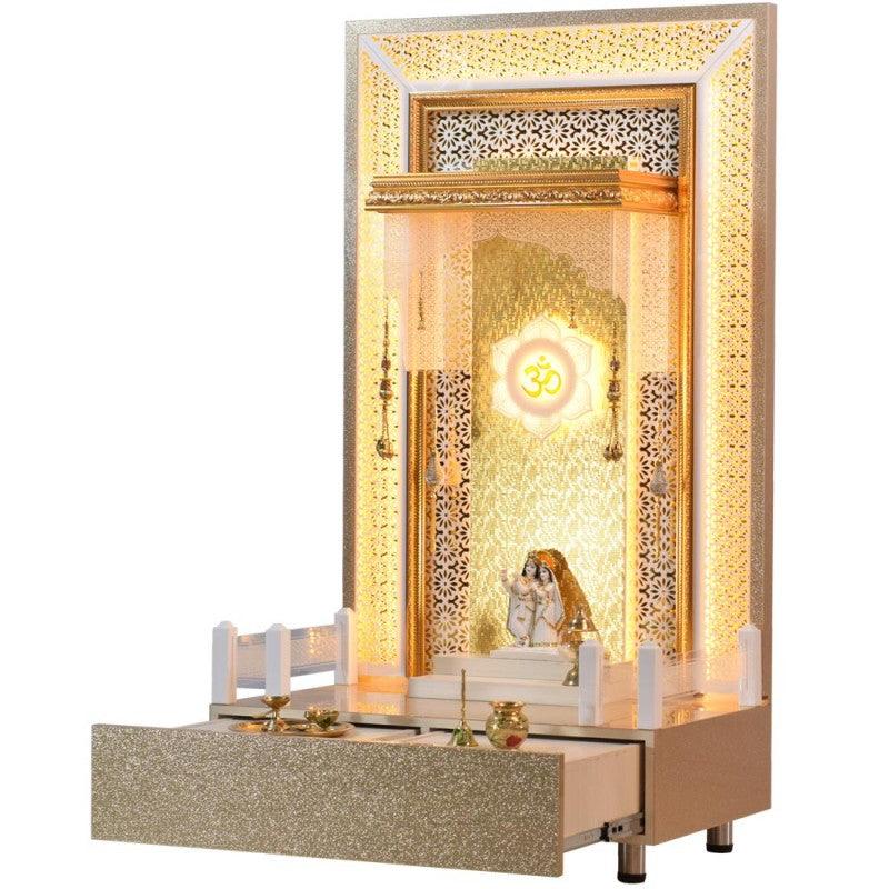 F C Large Pooja Mandir Wooden Temple In Glossy Golden/White with Twin Drawers - Furniture Castle