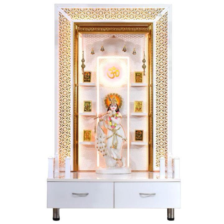 F C Large Pooja Mandir Wooden Temple In Glossy White with Twin Drawers - Furniture Castle