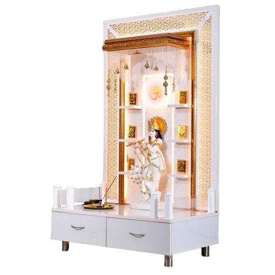 F C Large Pooja Mandir Wooden Temple In Glossy White with Twin Drawers - Furniture Castle