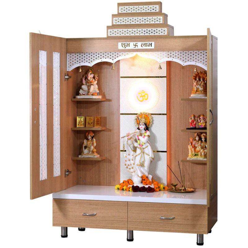 F C Natural Teak Finish Mandir with doors 6' x 4 - Furniture Castle