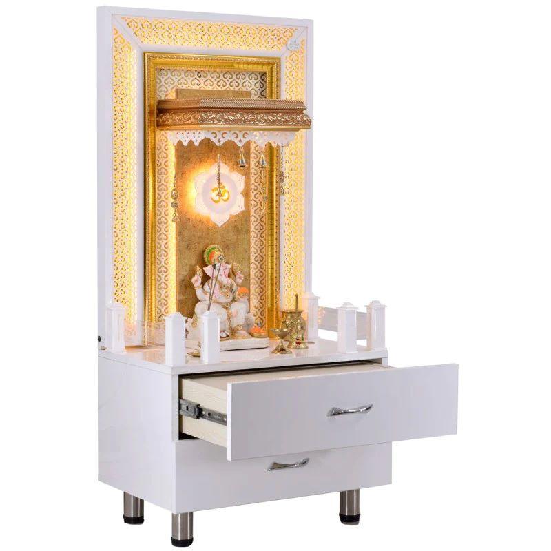 F C White Glossy Wooden Pooja Mandir With Storage And Lighting - Furniture Castle
