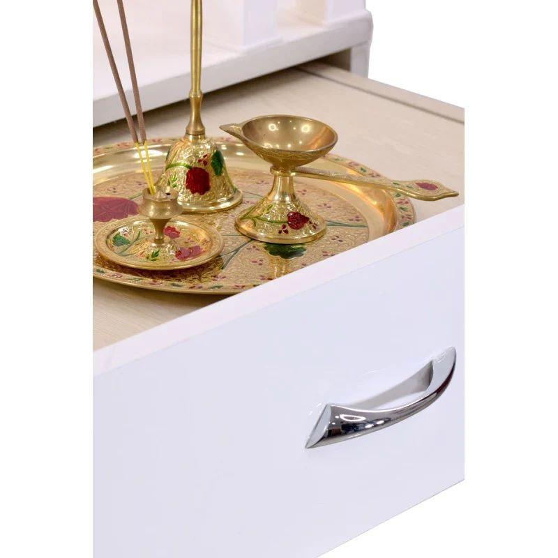 F C White Glossy Wooden Pooja Mandir With Storage And Lighting - Furniture Castle