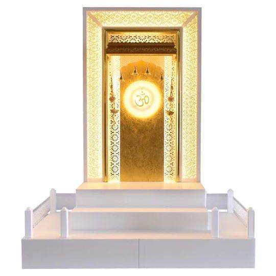 F C Wooden Pooja Mandir with Twin Drawers & Gold Leafing 5ft X 5ft - Furniture Castle