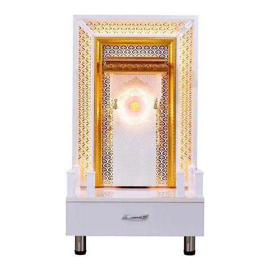 F C Wooden Pooja Temple Glossy White With Jali And LED Lights - Furniture Castle
