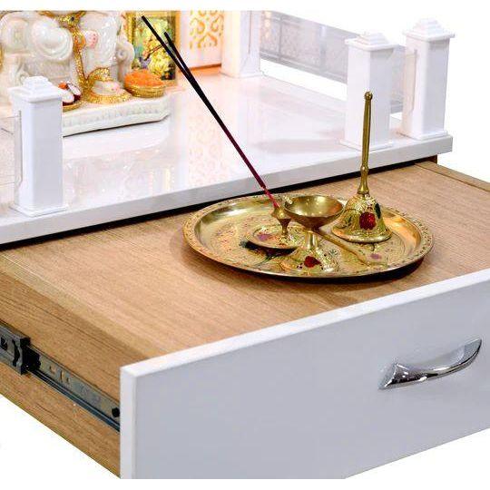 F C Wooden Pooja Temple Glossy White With Jali And LED Lights - Furniture Castle