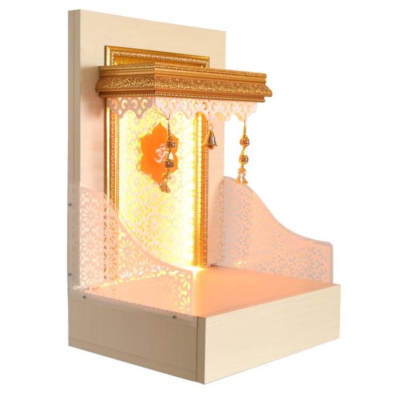 FC Designer Wooden Mandir in Premium anti Scratch Glass Acrylic Rose Gold With LED Lights - Furniture Castle