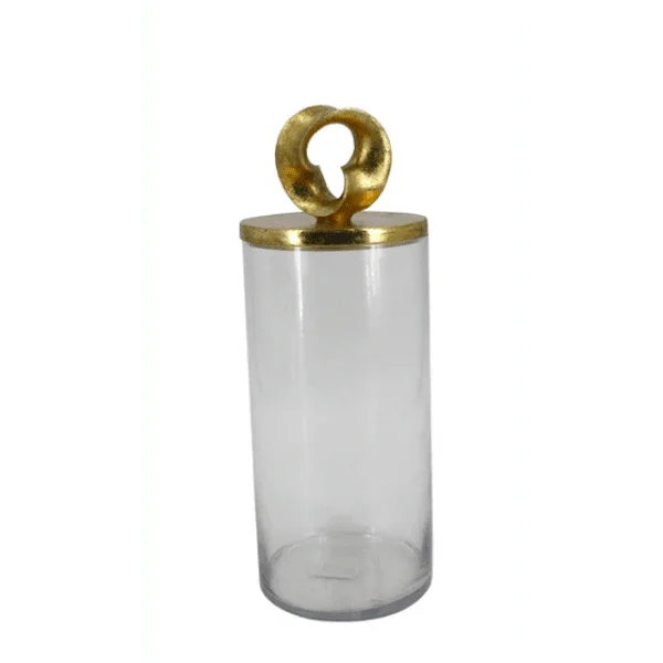 FC Glass Jar Poly Gold-Leaf Lid 15x15x40 - Furniture Castle