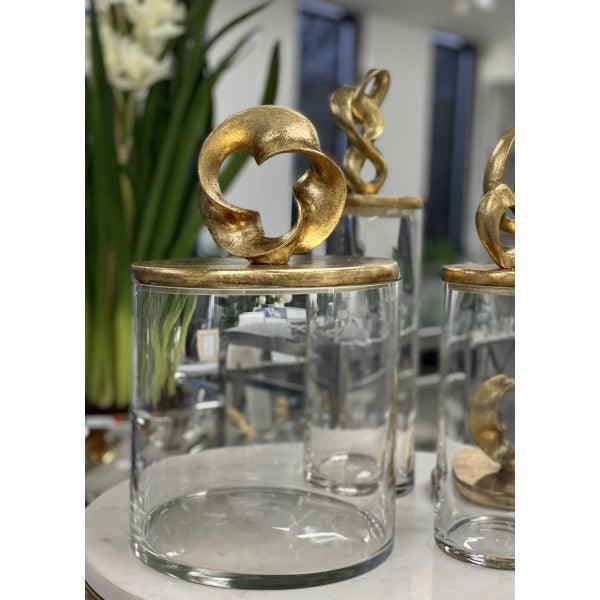 FC Glass Jar Poly Gold Leaf Lid Lrg 20x33 - Furniture Castle
