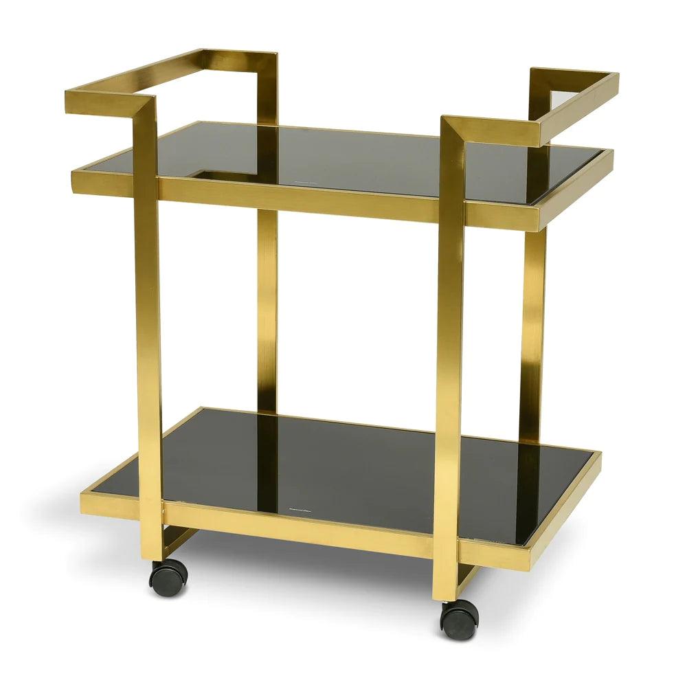 Harvey Tempered Glass Bar Cart- Brushed Gold - Furniture Castle