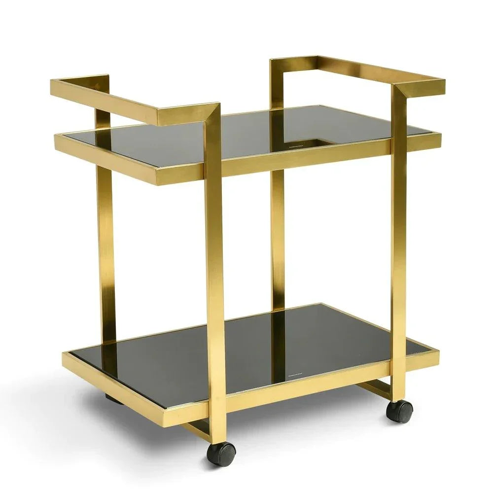 Harvey Tempered Glass Bar Cart- Brushed Gold - Furniture Castle
