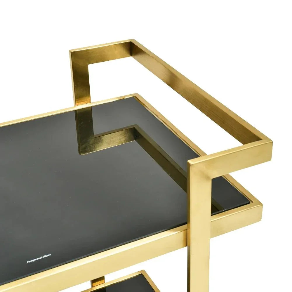 Harvey Tempered Glass Bar Cart- Brushed Gold - Furniture Castle