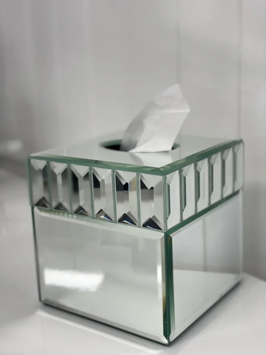 Tissue Box Cube Faced in Mirror Glass 15x15cm