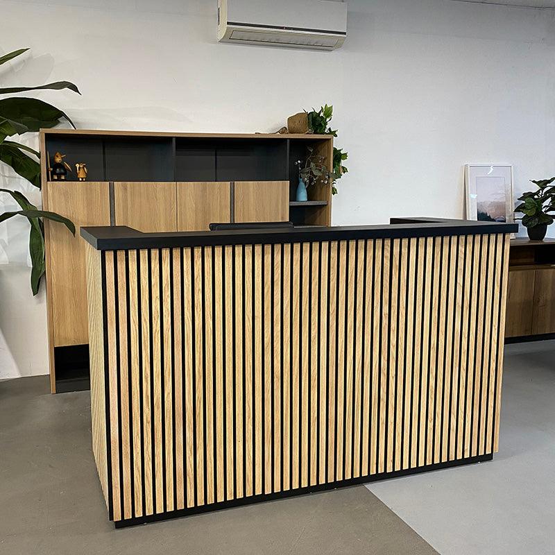 KENTO Reception Desk 180cm - Timber Slat Acoustic Black & Oak - Furniture Castle