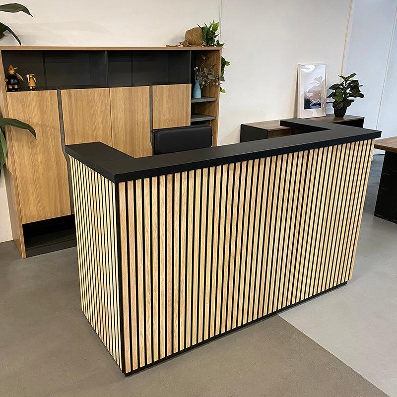 KENTO Reception Desk 240cm - Timber Slat Acoustic Black & Oak - Furniture Castle