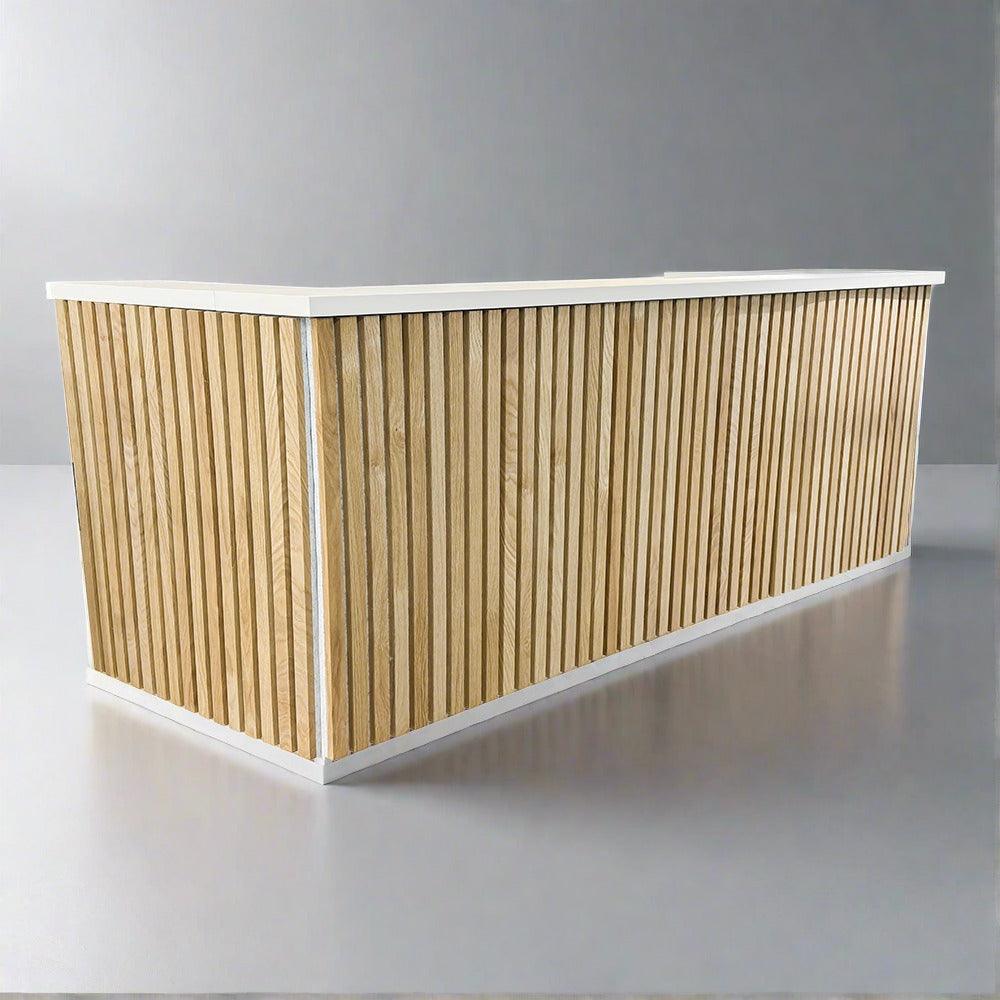 Kento Reception Desk 240cm - Timber Slat Acoustic White & Oak - Furniture Castle