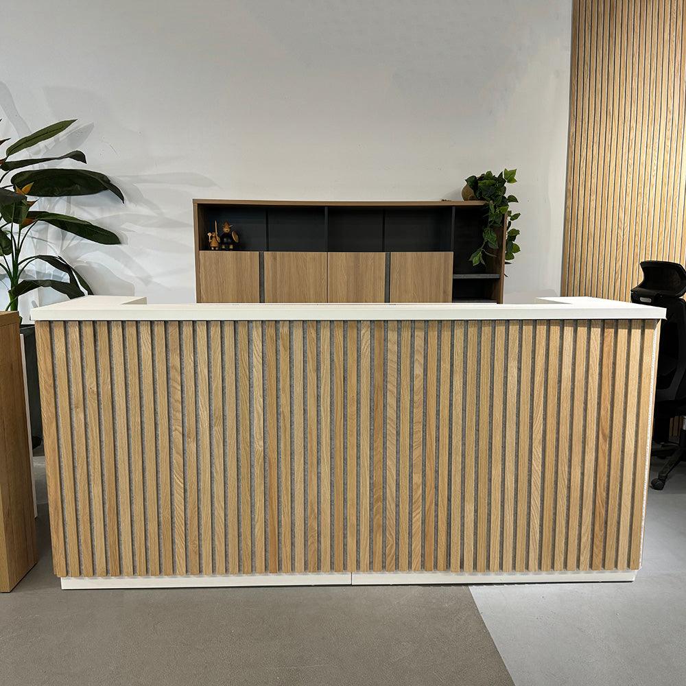 Kento Reception Desk 240cm - Timber Slat Acoustic White & Oak - Furniture Castle