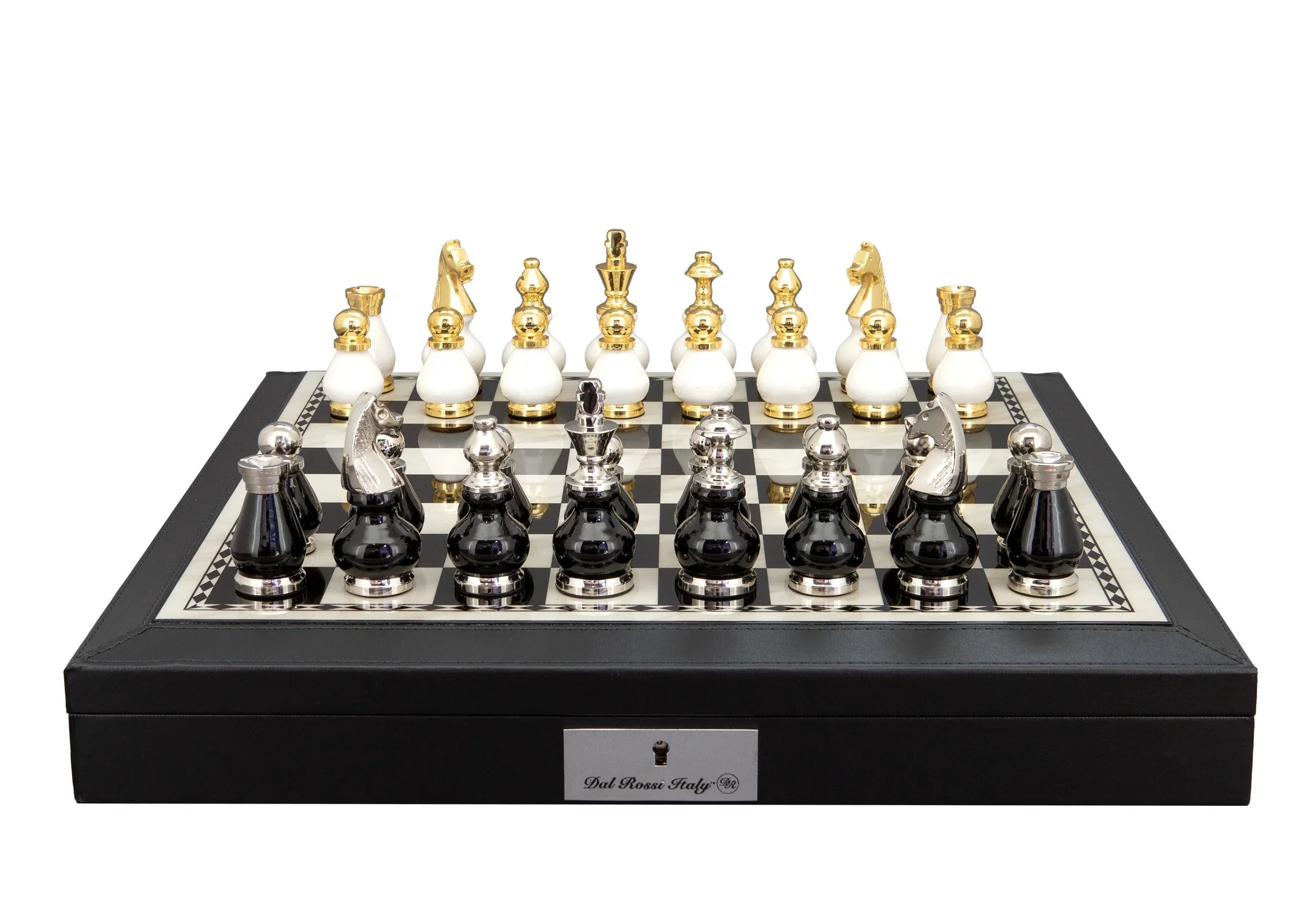 Dal Rossi Italy, Black and White with Gold and Silver Tops and Bottoms Chess Set 90mm on a Black PU Leather Bevelled Edge chess box with compartments 18″