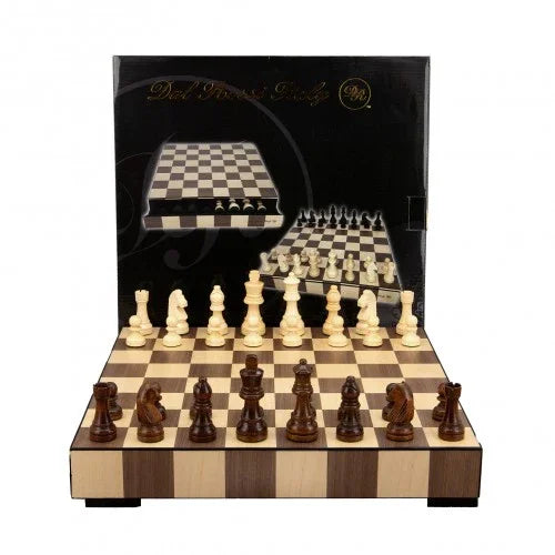 Dal Rossi Chess Set, Wooden Inlaid box, with drawer and chess pieces, 14″