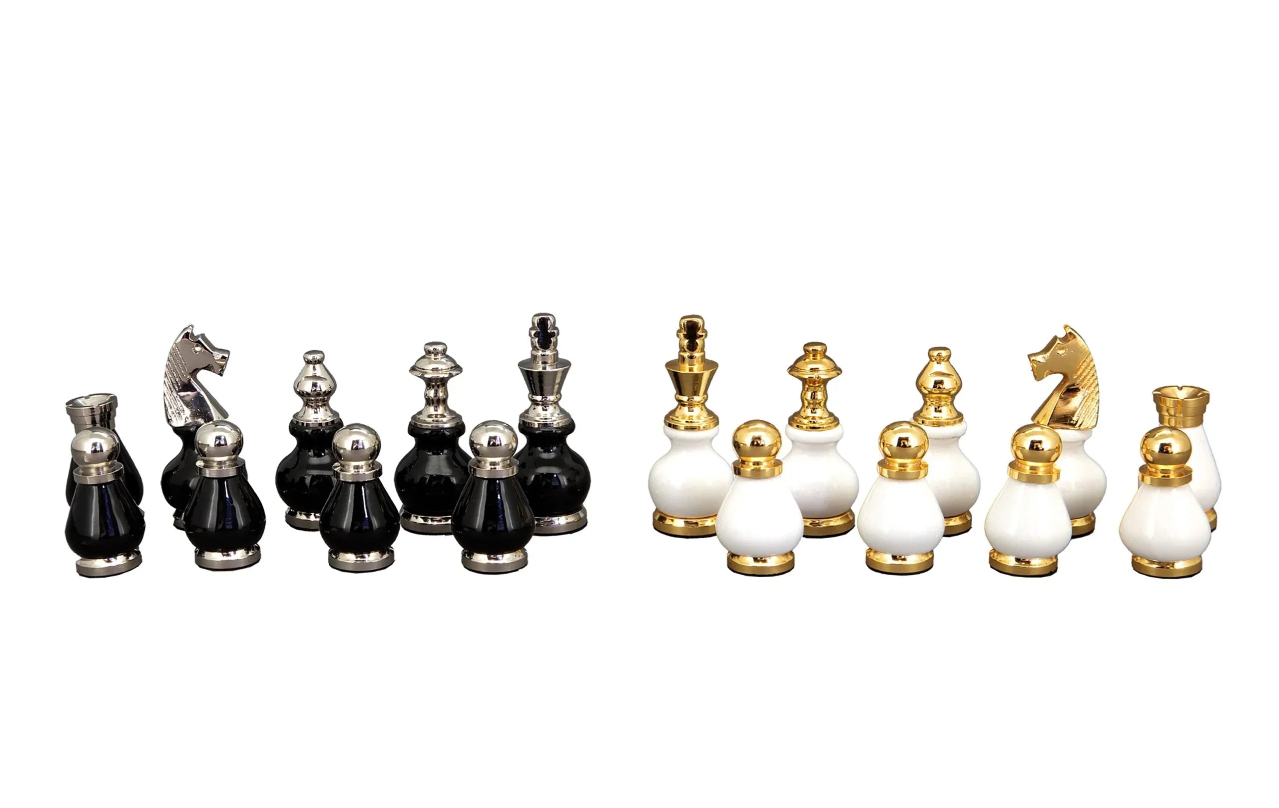 Dal Rossi Italy, Black and White with Gold and Silver Tops and Bottoms Chess Set 90mm on a Black PU Leather Bevelled Edge chess box with compartments 18″
