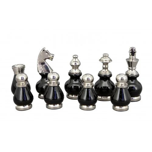 Dal Rossi Italy, Black and White with Gold and Silver Tops and Bottoms Chess Set 90mm on a Black PU Leather Bevelled Edge chess box with compartments 18″