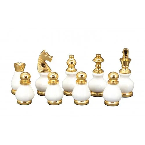 Dal Rossi Italy, Black and White with Gold and Silver Tops and Bottoms Chess Set 90mm on a Black PU Leather Bevelled Edge chess box with compartments 18″
