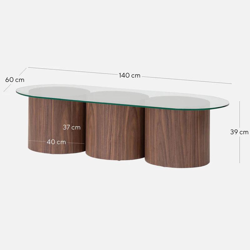 Leo Trio Block 1.4m Oval Glass Coffee Table - Walnut - Furniture Castle