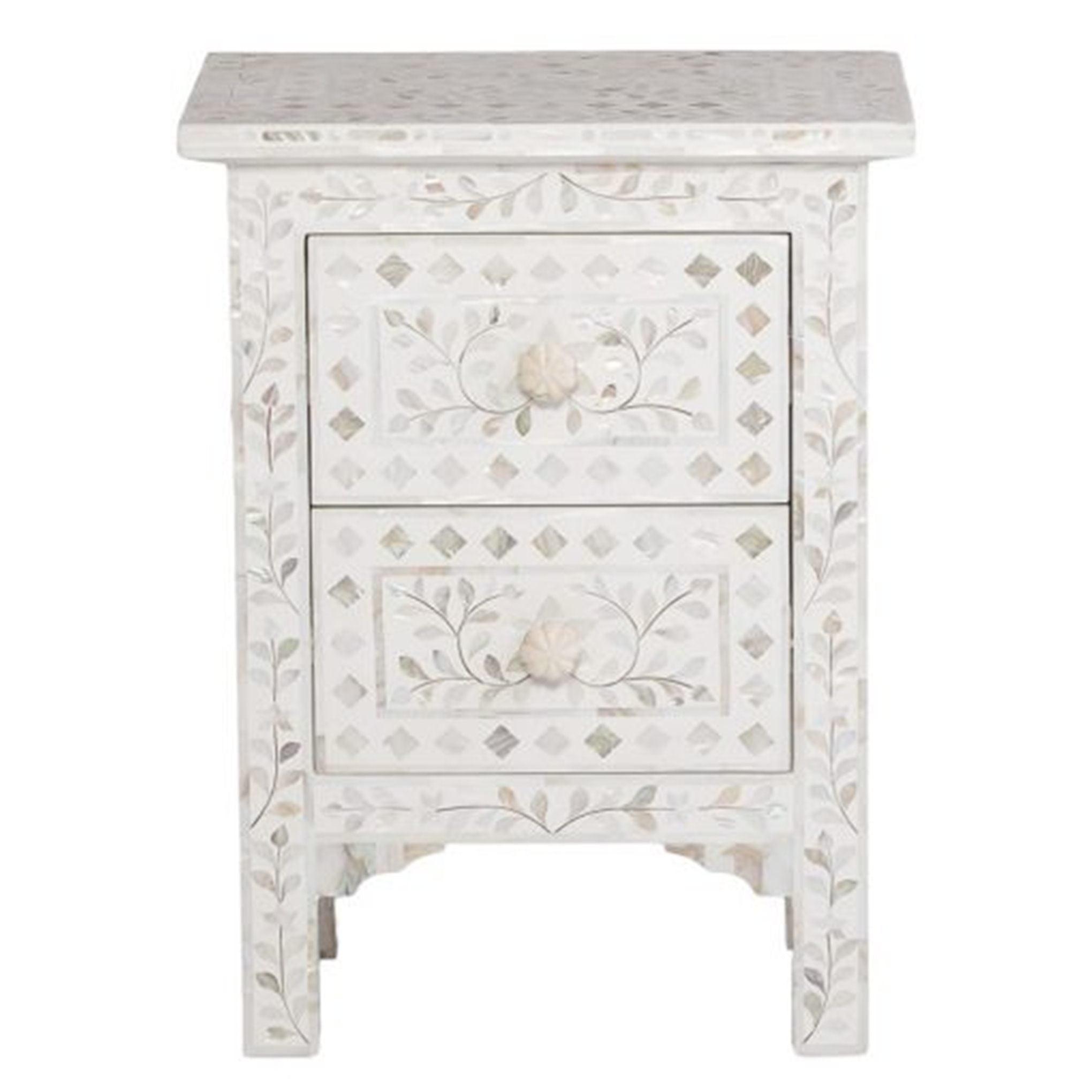 Majestic Inlay 2Dr Bedside Floral MoP - White - Furniture Castle