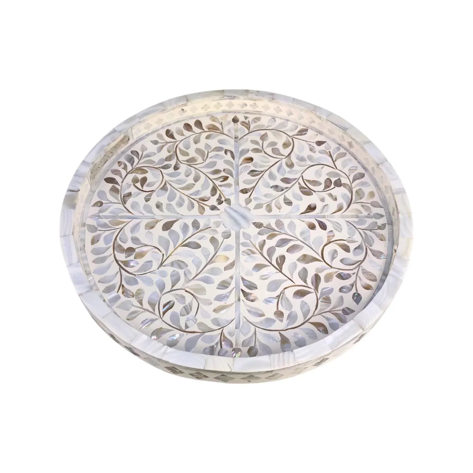 Maverick Inlay Round Tray Floral - White - Furniture Castle