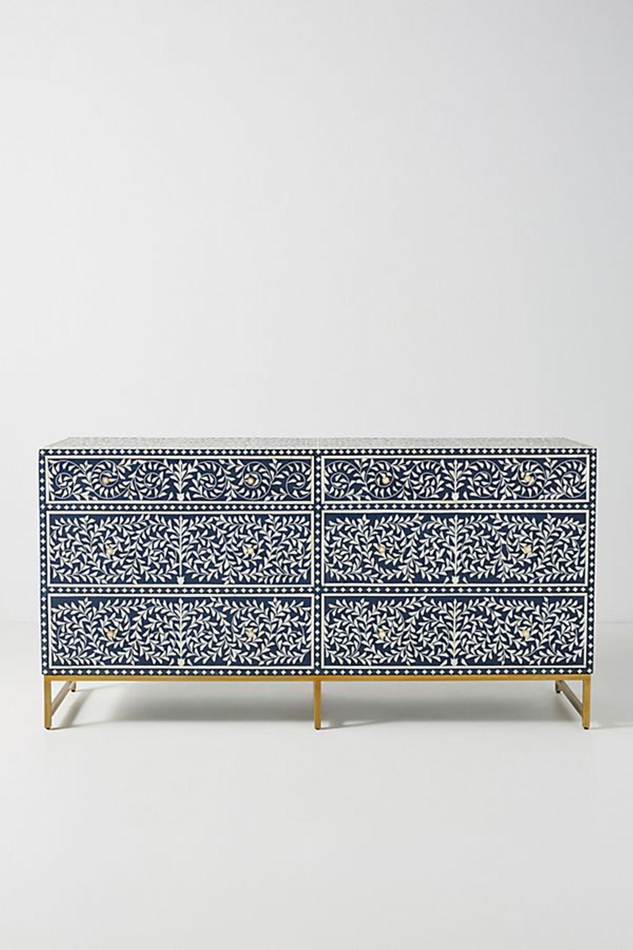 Santiago Inlay 6Dr Scroll Vine Chest - Grey - Furniture Castle