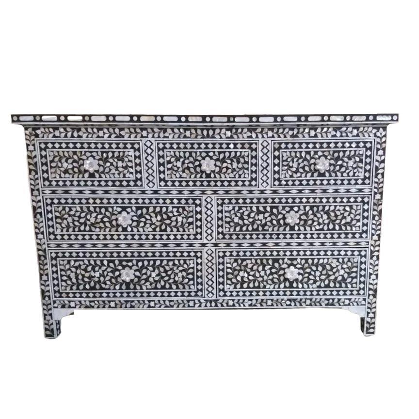 Santiago Inlay 7Dr Chest Floral MoP - Black - Furniture Castle