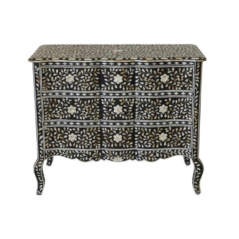 Santiago Inlay Provincial 3Dr Chest Floral MoP - Black - Furniture Castle