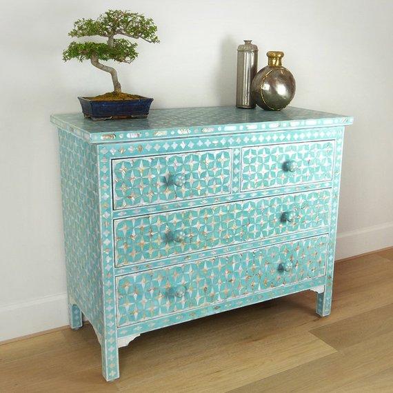 Santiago Inlay Star MoP 4Dr Chest - Sea Green - Furniture Castle