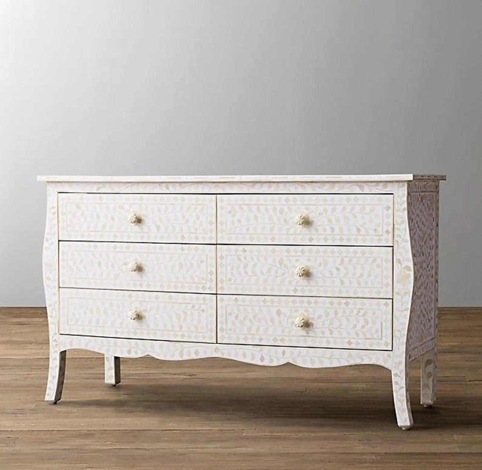 Sienna Inlay 6Dr Chest Floral Provincial - White - Furniture Castle