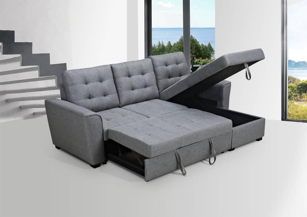 Aurore Fabric 2 Seater With Sofabed / Reversible Storage Chaise Grey W230 x D157 x H90 Cm