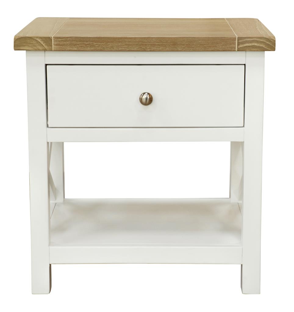 Shellwood 1-Drawer Bedside Table with Shelf – Oak & White