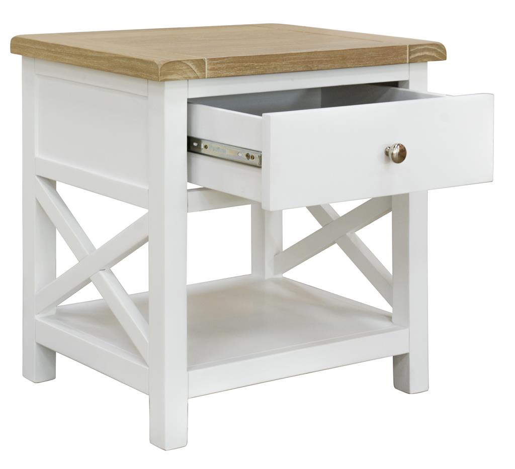 Shellwood 1-Drawer Bedside Table with Shelf – Oak & White