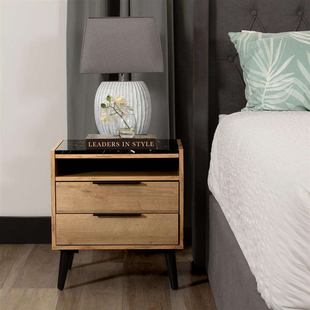 Thelma 2-Drawer Bedside Table with Open Shelf – Riviera Oak