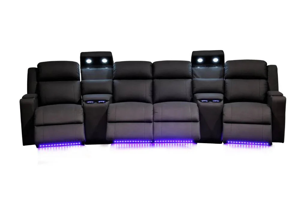 Academy Home Theatre 4 Recliners & 2 Console Fabric-Black W360 x D98 x H101 Cm