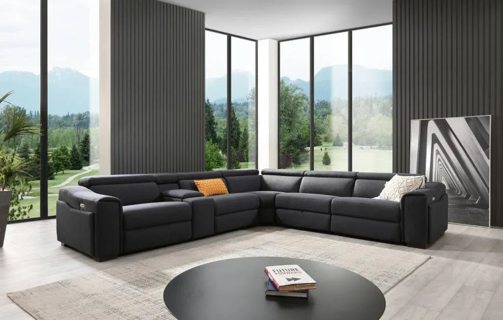 Blake Fabric Corner Lounge with Light & USB – Dark Grey (W339 x D304 x H77/94 cm)