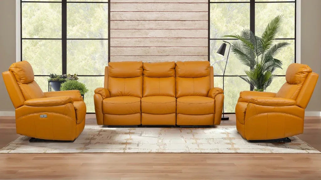 Camden Tangerine Leather 3-Seater Lounge Set with 2 Electric Recliners