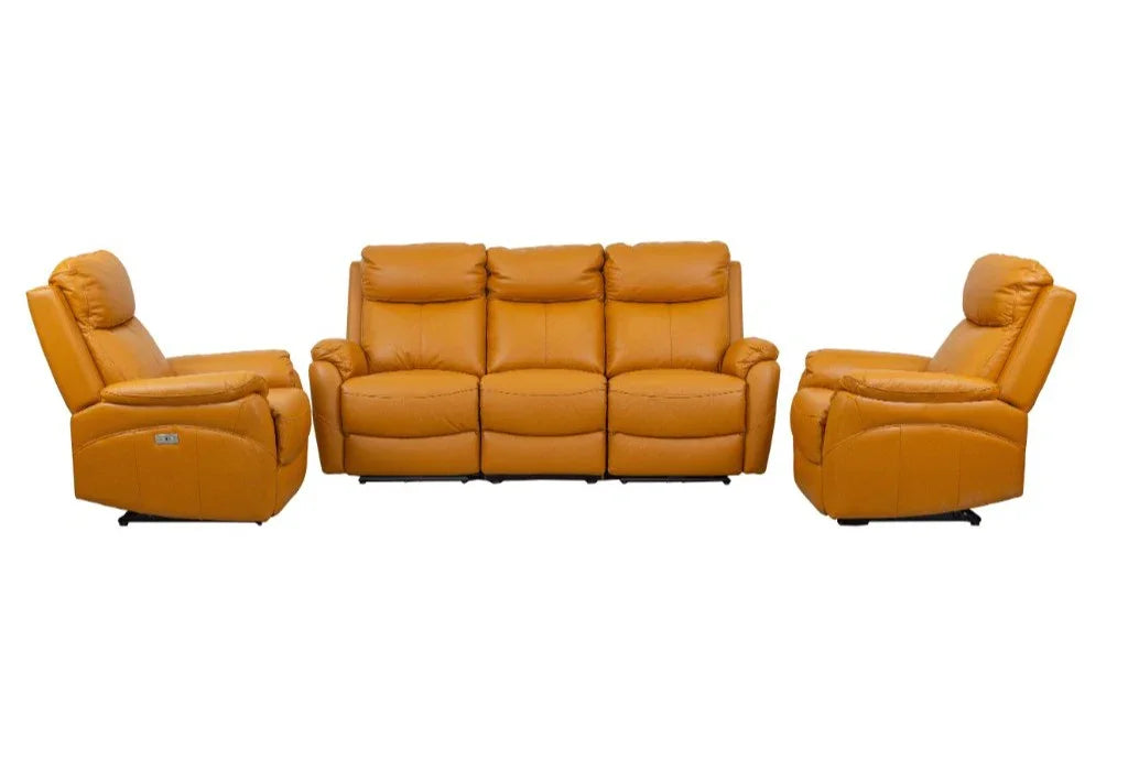 Camden Tangerine Leather 3-Seater Lounge Set with 2 Electric Recliners