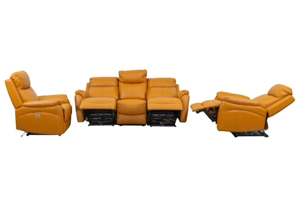 Camden Tangerine Leather 3-Seater Lounge Set with 2 Electric Recliners